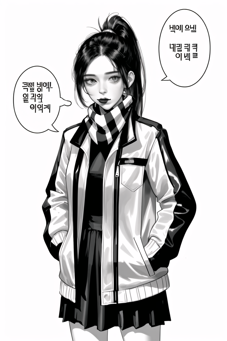 01811-3728881411-1girl, greyscale, monochrome, solo, korean text, ponytail, scarf, long hair, looking at viewer, cigarette, white background, sim.png